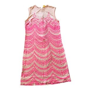Vintage Pink Peach Damask Chevron Knit Sleeveless Shift Mini Dress